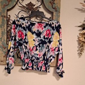 Floral Pink &  Blue Ruched Long Sleeve Blouse. NWOT Size SMALL